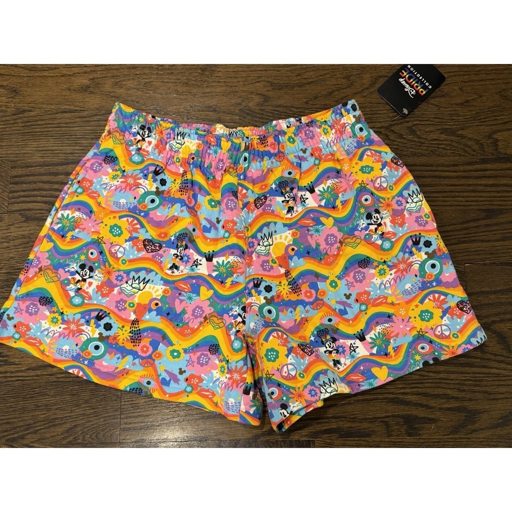 Disney Collection Pride Shorts Womans Large Rainbow Mickey Minnie Fleece NEW